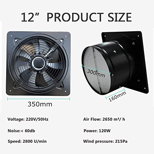 ECUTEE Axial Fan 12 Inch Extractor Fan 300 mm Axial Fan Kitchen Extractor Fan 2650 m³/h 120W Metal Fan Wall/Ceiling Extractor Fan in Bathroom (Plate Size: 350 × 350 mm)