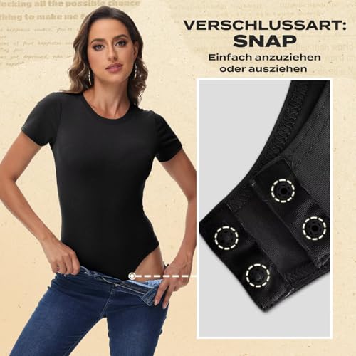 TNNZEET Body Damen T-shirts Bodysuit Kurzarm Elegantes Rundhals Sommer Kurzarmbody Tops Sexy Für Sportbody(Schwarz,XL)