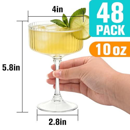 Image of 48 Pcs Plastic Martini Glasses Disposable,10oz Ribbed Martini Glasses | Unbreakable, Vintage Coupe Cocktail Glasses Set with Detachable Stem for Wedding Birthday Party Bar Supplies, Clear