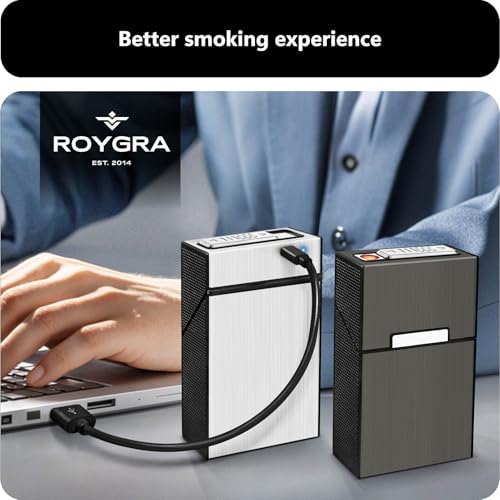 roygra Cigarette Case with Lighter for 85mm King Size, Magnetic 20 Capacity, Rechargeable Windproof Flameless Lighter - Set of 2