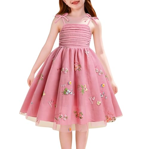 EULIMENE Tulle Girls Dresses Floral Embroidery Junior Bridesmaid Dresses Flower Girl Dress Spaghetti Strap Princess Birthday Dress for Party Size 5-14Y Pink — view 6