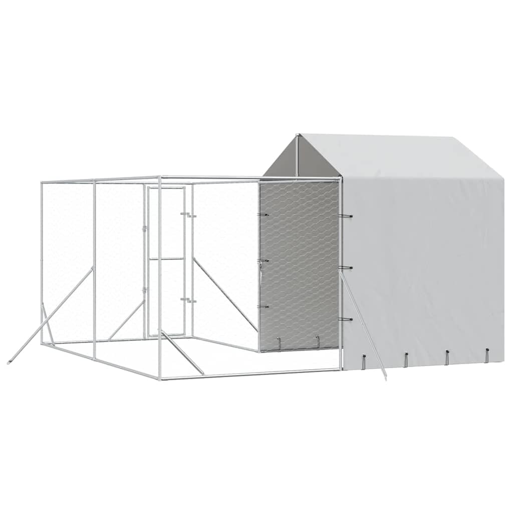 Perrera para perros con techo plateado de acero galvanizado, 4 x 4 x 2,5 m, resistente a la intemperie, con puerta con cierre, adecuado como caño para cachorros, parque libre para jardín y