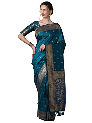 Image of AKHILAM Women's Banarasi Silk Blend Woven Design Golden zari Work Saree With Unstitched Blouse Piece (2PAKHI41 Parent)
