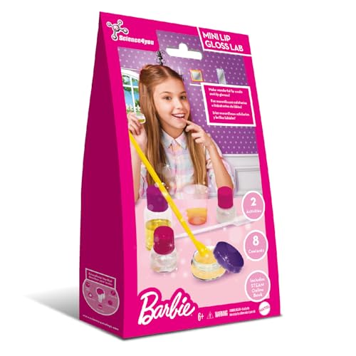 Science4you Mini Kit para Hacer Brillo de Labios Barbie – Crea Tus Propios Brillos de Labios y Exfoliante Labial Barbie - 8 Contenidos de Belleza Incluidos, Regalo Original para Niñas de 6 7 8 9+