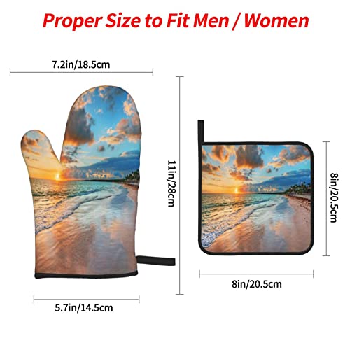 Donmyer Beach Sunset Nautical Seascape Sea Sandy With Waves Oven Mitts And Pot Holders Sets Of 4 Ocean Heat Resistant Gloves Set Potholders For Kitchen Baking Non-Slip Cooking, 7.2X11In+8X8In #TOP3