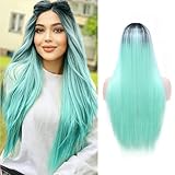WIGER Long Straight Green Wigs for Women Ombre Mint Green Hair Wig Light Green Colorful Mermaid Wigs Two-tone No Lace Synthetic Straight Hair for Cosplay