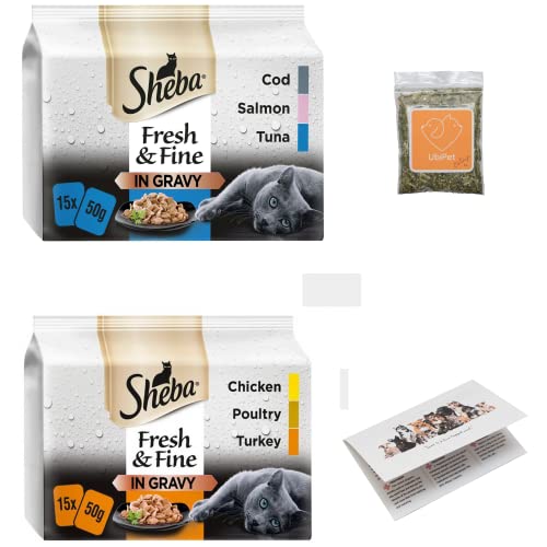 Wet Cat Food Bundle Contains Sheba Fresh and Fine in Gravy with Poultry, Chicken, Turkey, Salmon, Tuna, Cod (2x15 pouches) and Ubipet Catnip