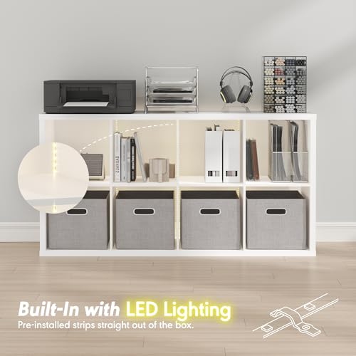 Furinno Cubicle Book Shelf with LED Lights, 8-Cube Bookshelf, Reversible Extra Thick Frame Bookcase, Display Storage Shelves, for Living Room, Bedroom, Home Office, White by Furinno - Used condition - Image 3
