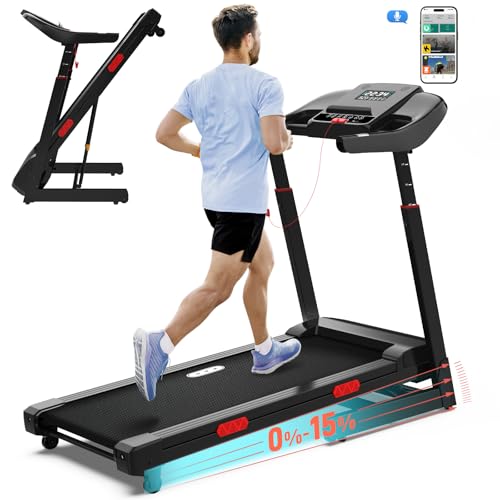 CIIHI Treadmill with Auto Incline – 15% Auto Incline Treadmill with 400 lbs Capacity – Adjustable Height Handrail Foldable Running Machine for Home with APP, Voice Control and Speaker – 8.7 MPH