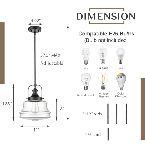 DEYNITE Industrial Black Pendant Light Milk White Glass Schoolhouse Hanging Light Fixture, E26 Dimmable Light for Kitchen Bar Dining Bathroom Bedroom - Image 5