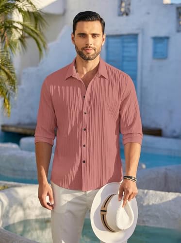Image of DEELMO Men's Casual Button Down Shirts Long Sleeve Linen Shirt Fashion Textured Beach Summer Shirt