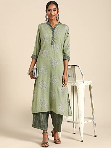 Image of Rapsodia Women's Green & Grey Gotta Patti Gold Foil Printed Straight Kurta with Palazzo.