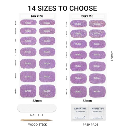 DUKASOU Semi Cured Gel Nail Strips, Purple Sparkle | 28 pcs Gel Nail Strips Work with Any UV Lamp, Salon Quality UV Nails Stickers, Easy to Apply for Home Nails DIY