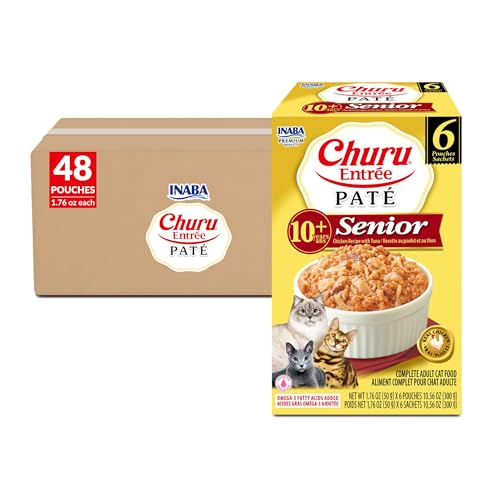 Image of INABA Churu Entree Pate for Senior Cats, High Protein & Moisture, Prebiotic Wet Cat Food, 1.76oz. per Serving, 48 Pouches, Chicken Recipe with Tuna
