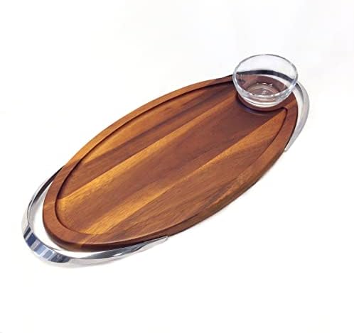 nambe Luna Appetizer Board with Dip Dish | Large Wooden Serving Tray with Handles for Party | Platters for Serving Snacks, Cookies| Made of Nambe Alloy, Acacia Wood and Glass Dip Bowl