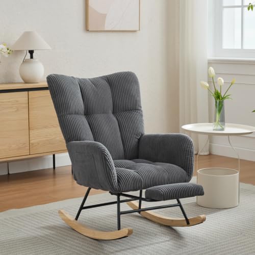 Modern Nursery Rocking Chair, Upholstered Glider Chair with High Backrest, Rocker Accent Armchair with Solid Wood Legs for Nursery Bedroom Living Room Green (Dark Gray + Fabric)