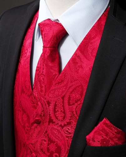 HISDERN Men's Vest Tie Set Paisley Floral Jacquard Necktie Pocket Square 3PCS Waistcoat for Suit or Tuxedo Wedding Party2