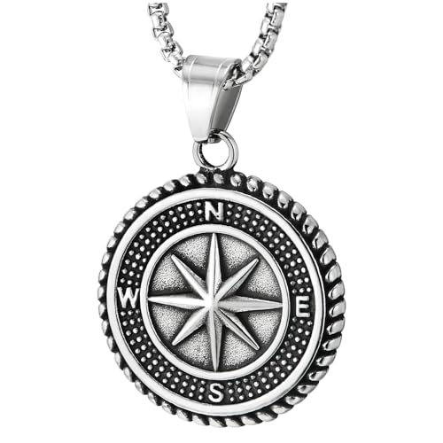 COOLSTEELANDBEYOND Hombre Acero Inoxidable Ancla Marina y Brújula Colgante Collar, Dos Caras, Círculo Medalla