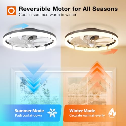 Image of addlon Ceiling Fans with Lights and Remote, 20'' Low Profile Ceiling Fan, 3000-6000K Dimmable Modern Flush Mount Fandelier for Bedroom, Kitchen, Living Room, Black