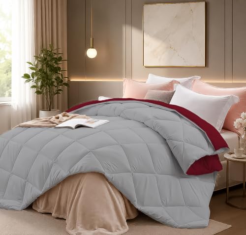 Image of Super Comfort Reversible Microfiber 300 GSM Comforter for Heavy Winter, Warm Quilted Blanket with Diamond Stitch, 92 x 106 Inches (233 x 269 cm), Comforter for King Size|Silver /Burgundy