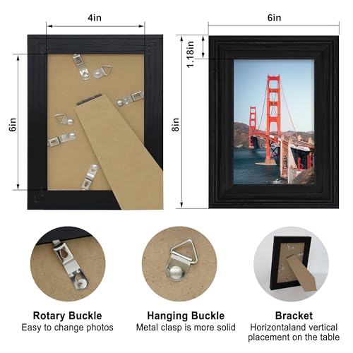 Image of iRahmen 4x6 Picture Frame Set of 4, Black Rustic Retro Photo Frame with Real Glass, Wood Farmhouse Style 4 x 6 Picture Frames for Wall Mount and Tabletop Display