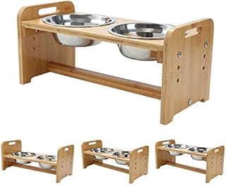 YY FOREYY Adjustable Raised Pet Stand for Cats and Dogs with 4 Bowls, Bamboo Elevated Dog Cat Food and Water Bowls Stand Feeder with 4 Stainless Steel Bowls and Anti Slip Feet(Small)