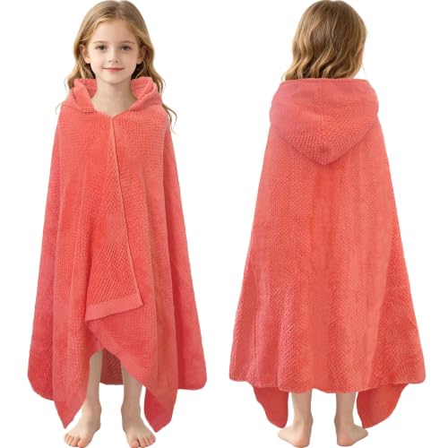 VOOVA & MOVAS Kids Hooded Bath Towel, 6-10 Years, 100% Cotton,Pink Waffle