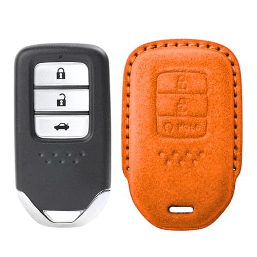 Image of KMH Alcantara Car Key Cover Compatible with Honda City, Civic, Jazz, Amaze, CR-V, WR-V, BR-V Models 3 Buttons Shell Case Holder Full Key Protector Smart Keycover (D2) Orange - Pack of 1