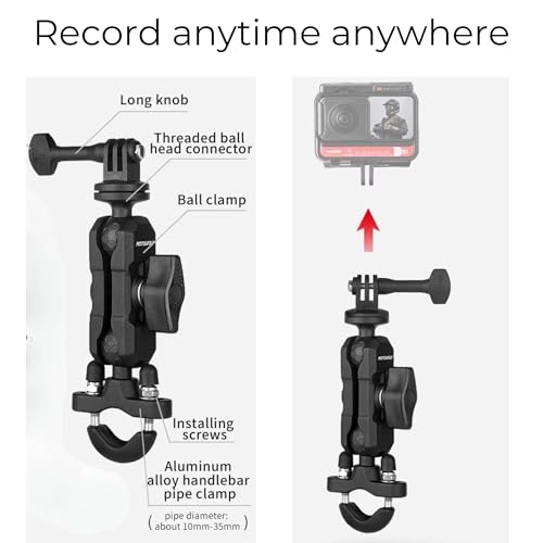 Image of Action Camera Handlebar Mount with 360 Dual Ball Head, Aluminum Bicycle /Motorcycle Clamp Mount Compatible with Action Cameras for DJI Osmo Action 6 /5 Pro /4 /3, Hero 13 /12 /11 /10 /9 /8 /7, Insta360