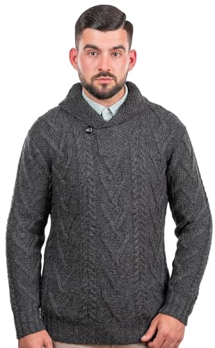 100% Merino Wool Men's Shawl Collar Single Button Irish Cable Knit Sweater Knitwear with Pockets