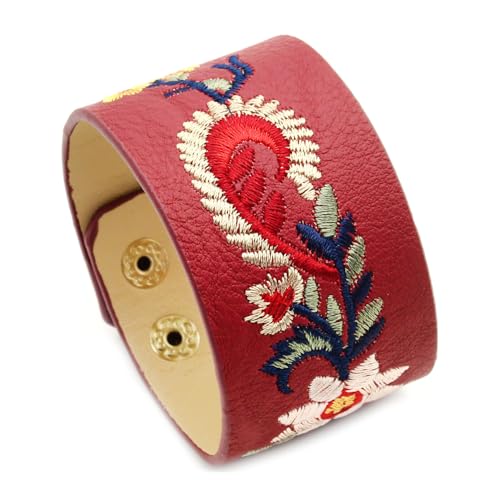 Punk Rock Flower Pattern Wristband Wide Pu Leather Arm Cuff Bracelet
