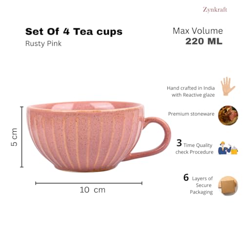 Image of Premium Pink Ceramic Tea Cup Set of 4 | Handmade Stoneware Coffee & Tea Mugs | 220 ml Each | Microwave, Dishwasher Safe | Textured Design | Chai Cups for Home, Office & Gifting