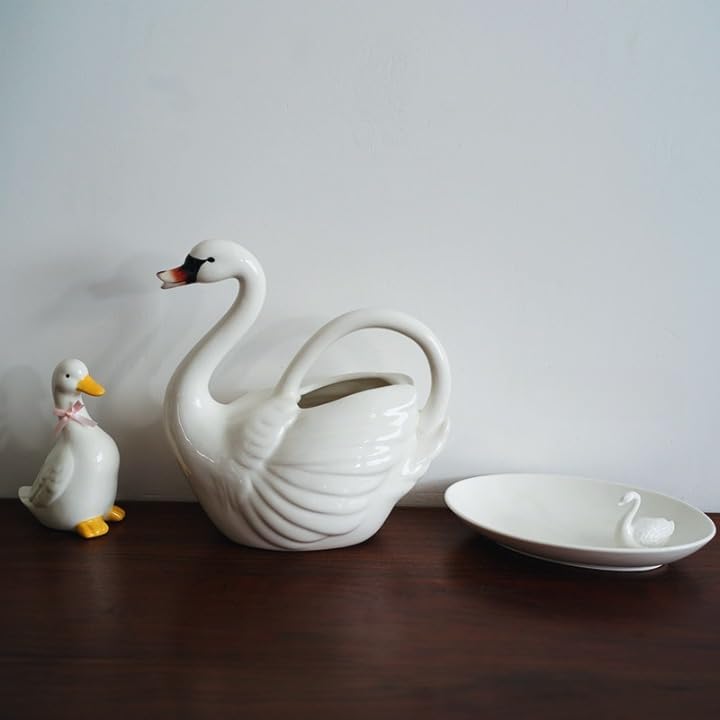 White Ceramic Swan Vase Pitcher, 40.6 oz Decorative Flower Holder with Handle