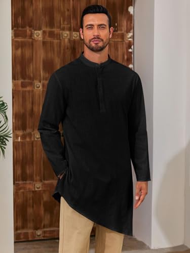 Runcati Mens Kaftan Robe Thobe Cotton Long Sleeve Henley Shirt Casual Muslim Gown Kurta Tops2