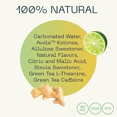 KEY Ketone Drink - Ketones for Energy & Focus, Sugar Free & Low Caffeine from Green Tea with L-Theanine, No Crash or Jitters, All Natural, Lightly Carbonated, Ginger Lime (Pack of 12)