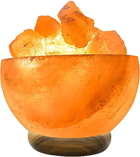 7" Salt Fire Bowl Natural Wooden Base Handmade Table lamp Bowl With Himalayan Rock Crystal Chunks Button Cable Control and British Standard Style Electric Plug