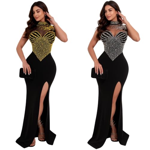 Image of PORRCEY Women's Sexy Rhinestone Lace Sheer Mesh Formal Evening Dress