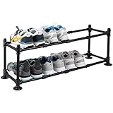 MyGift 2 Tier Rustic Industrial Matte Black Metal Pipe Freestanding Expanding Shoe Rack, Customizable Footwear Storage Organizer Stand, Holds up to 8 Pairs