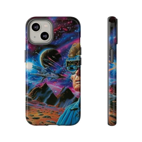 Coque iPhone 14 rigide bleue protection motif espace futuriste et virtuel