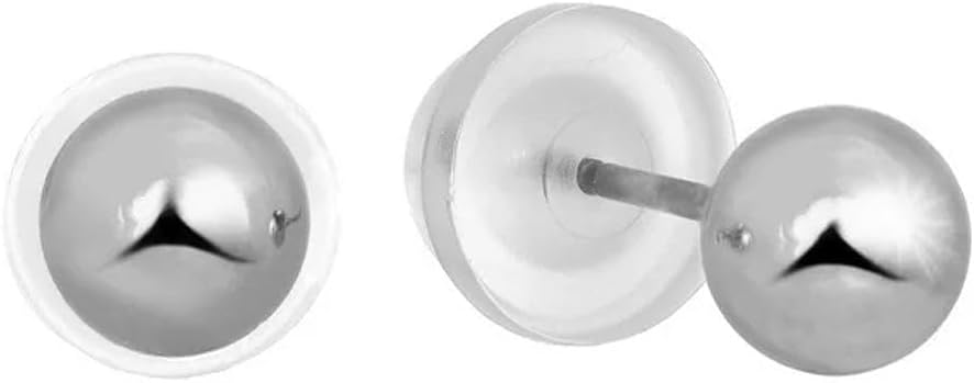 14k Real White Gold Stud Ball Earrings W/Silicone Pushbacks - 5 mm