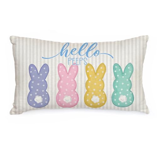 AACORS Easter Pillow Cover 12x20 Inch Striped Bunny Hello Peeps Decorations Holiday Farmhouse Spring Pillow Case for Home Sofa Couch Decor AA451-12