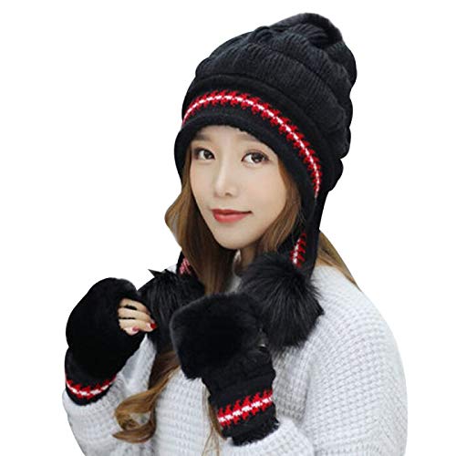 Bold N Elegant Warm Wool Crochet Pompom Braided Winter Skull Cap Hat Beanie with matching Rabbit Fur Fingerless Gloves Arm Hand Wrist Warmer Gift Set for Women and Girls (Black) (B082TVCLV8) Amazon Price History, Amazon Price Tracker