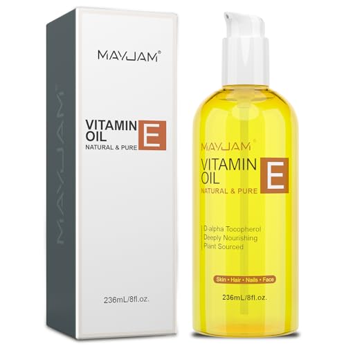 MAYJAM Vitamin E Öl 236ML, 50,000 IU, Trägeröl 100% Reines Natürliches Premium Qualität, Pflegeöl Mit Jojobaöl, Körperöl für Haut, Gesicht, Haare und Narben, Reparatur und Pflege, Vitamin E Oil
