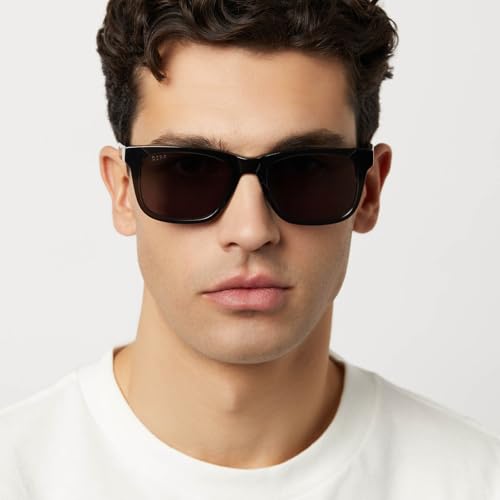 DIFF Wesley Designer Rectangular Mens Sunglasses UV400 Polarized, Black Smoke Crystal + Grey4