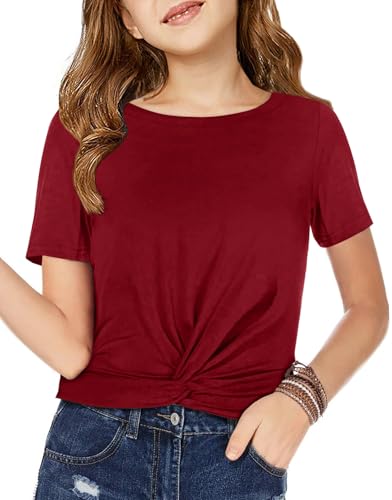 Image of Haloumoning Girls Short Sleeve T Shirts Kids Summer Twist Front Crop Tops Fashion Tees 5-14 Years