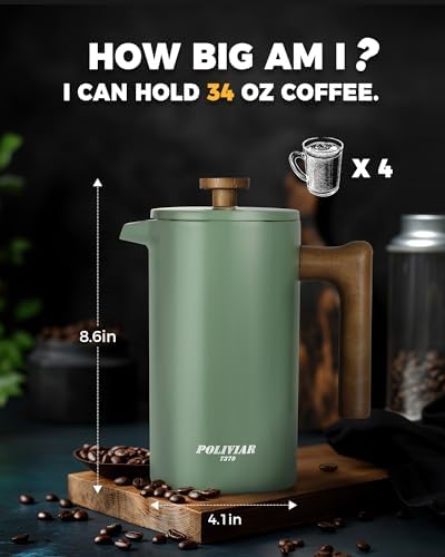 POLIVIAR French Press Coffee Maker, 34 oz Coffee Press with Real Wood Handle, Double Wall Insulation & Dual-Filter Screen, Food Grade Stainless Steel for Good Coffe and Tea (Flatland) — view 6