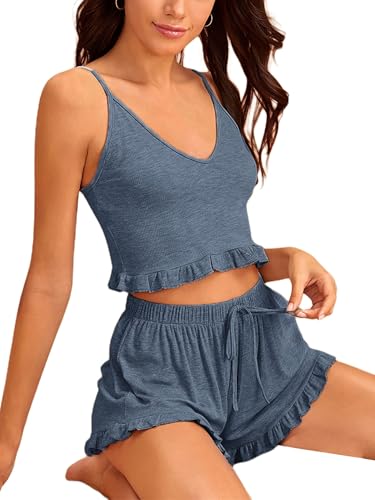 Image of Avanova Women Sexy 2 Piece Pajama Set Ruffle Trim Cami Top and Shorts Sleepwear Set