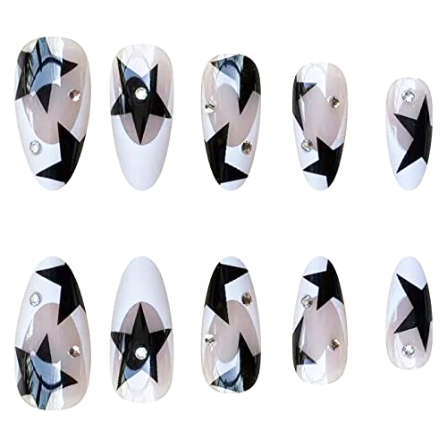 Misud Stiletto Press On Nails Medium Almond Fake Nails Glossy Glue On Nails White French Tip Acrylic Nails Black Star Artificial Nails 3D Rhinestone Stick On False Nails With Design Easter Nails 24 Pcs #TOP1