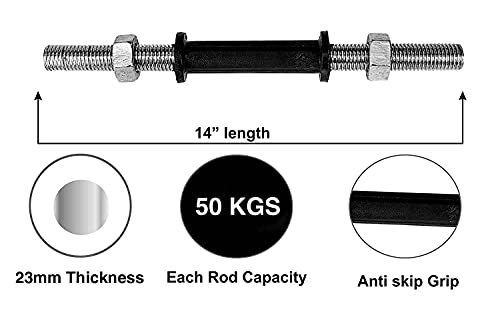 Image of Gyming World� Dumbbell Rod (1 Pair) 23 mm, 14 Inches, Solid Bar | Steel Chrome | Soft Rubber Grip, 4 Nuts include