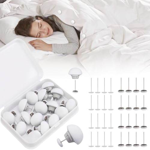 MQUPIN Quilt Fixing Clips 16 Pcs Duvet Cover Clips Mushroom Round Fixing Clips with Buttons Bedroom Duvet Fixing Holder Quilt Cover Pins with Box (White)